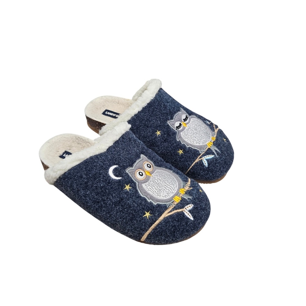 Lands End Owl Slippers Womens 8B Navy Blue Felt Faux Fur Celestial Scuff Mules